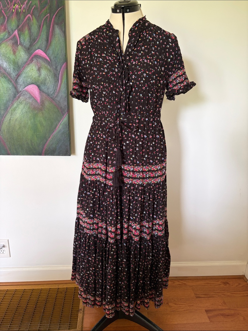 Black Floral Boho Midi Dress with Pink Accents
